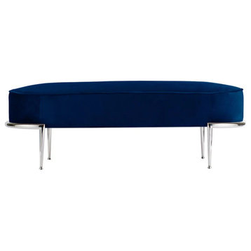 Carina Bench, Velvet Blue Fabric With Polished Stainless Steel Frame