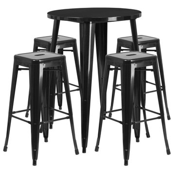 Flash Commercial 30" Round Black Metal Bar Table Set & 4 SQ Seat Backless Stools
