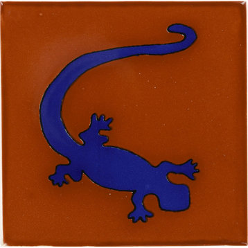 Handmade Tierra y Fuego Ceramic Tile, Blue Gecko in Terra Cotta, Set of 9