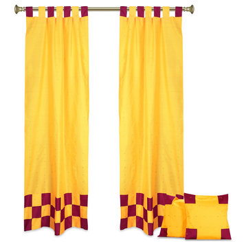 4 Pc Set Indian Sari Curtains & Cushion Covers - Boho Tab Top  - Yellow 96"