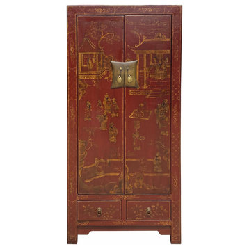 Chinese Vintage Blood Red Golden Scenery Armories Storage Cabinet Hcs6930