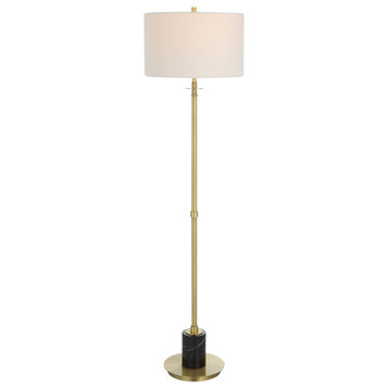 Elegant Sleek Brass Gold Floor Lamp 65 in Black Marble Round White Shade Luxe