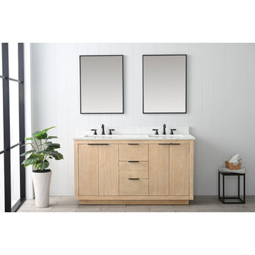 Brady Mid-century Bathroom Vanity With Sink, Carrara White Top, Teak White, 60"