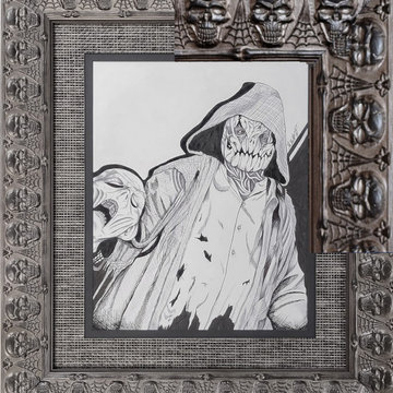 Halloween costumes ink drawing framed with a skull frame.