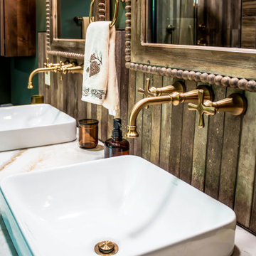 Custom Rustic Bathroom with Knotty Alder Vanity and Cambria Quartz