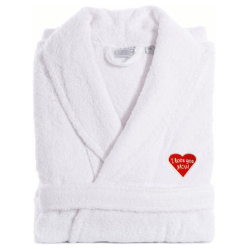 "I Love You Mom" Embroidered White Terry Bathrobe, Red Heart, Small/Medium