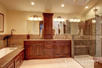 Drop-in bathtub - large master drop-in bathtub idea in Seattle with quartzite countertops