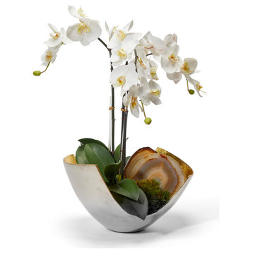 Orchids in Mixed Metal Scoop, White With Agate