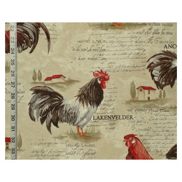 Rooster Fabric Retro European Country Chickens Document Print, Standard Cut