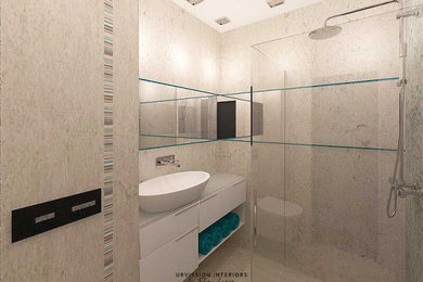 This is an example of a small modern grey and teal bathroom in Dorset with flat-panel cabinets, white cabinets, a bidet, grey tiles, ceramic tiles, grey walls, cement flooring, glass worktops, grey floors, a sliding door, white worktops, feature lighting, a single sink, a freestanding vanity unit and a drop ceiling.
