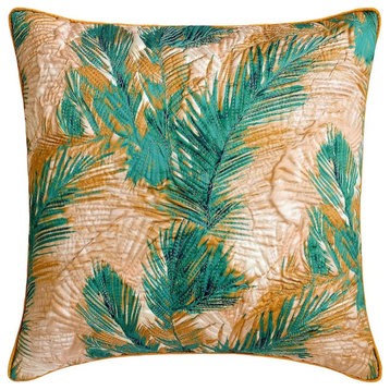 Green Satin Quilted & Floral 22"x22" Throw Pillow Cover - Arecaceae