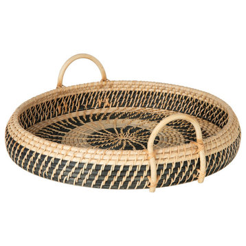 Round Rattan Serving and Breakfast Tray, Natural and Black