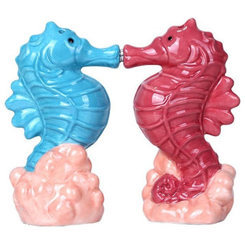 Kissing Pink and Blue Seahorses in Coral Salt and Pepper Shaker Set