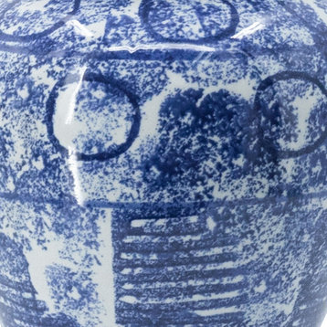 Benzara BM285525 17" Tall Ginger Jar, Abstract Blue & White Porcelain