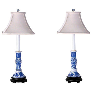 Blue and White Set of 2, Porcelain Candlestick Holder Table Lamp 25"