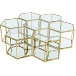 Meridian Furniture - Sei Glass Top Coffee Table With Mirrored Base, Gold, 7-Piece - This SEI coffee table seven-piece set puts you in complete control of the look of your space. Use a single table for a small space, or put together two or more tables for an expanded look when game night requires extra room for you to spread out. The beautiful brushed gold frame holds a glass top with mirrored base and parallel mirrored bottom shelf. The modular design lets you connect as many tables as you need for a custom solution to your requirements.