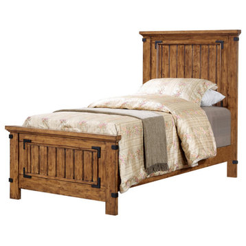 Benzara BM216161 Twin Size Bed with Plank Detailing and Metal Accents, Brown