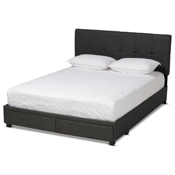 Anaiya Dark Grey Fabric Upholstered 2-Drawer Queen Size Platform Storage Bed