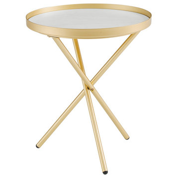 Contemporary End Table, Tripod Metal Base With Round Faux Marble Top, Gold/White