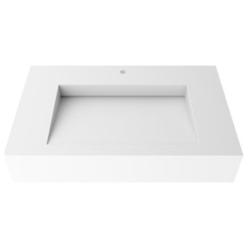 Pyramid Solid Surface Wall Mounted Ramp Basin Sink, White, 30", Standard