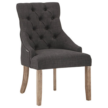Petra Grey Finish Linen Curved Back Tufted Dining Chair, Set of 2, Dark Grey