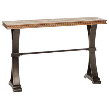Unique Console Table, Crossed Metal Base & Natural Wood Top With Accented Border