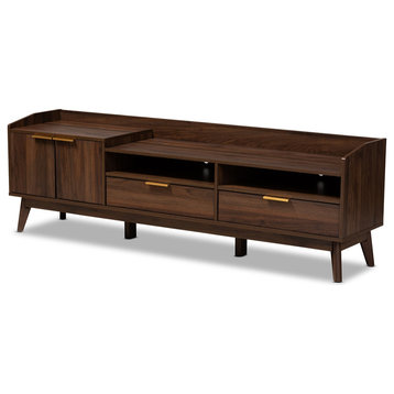 Mid- Century Modern Walnut Brown Finished 2-Drawer Wood TV Stand