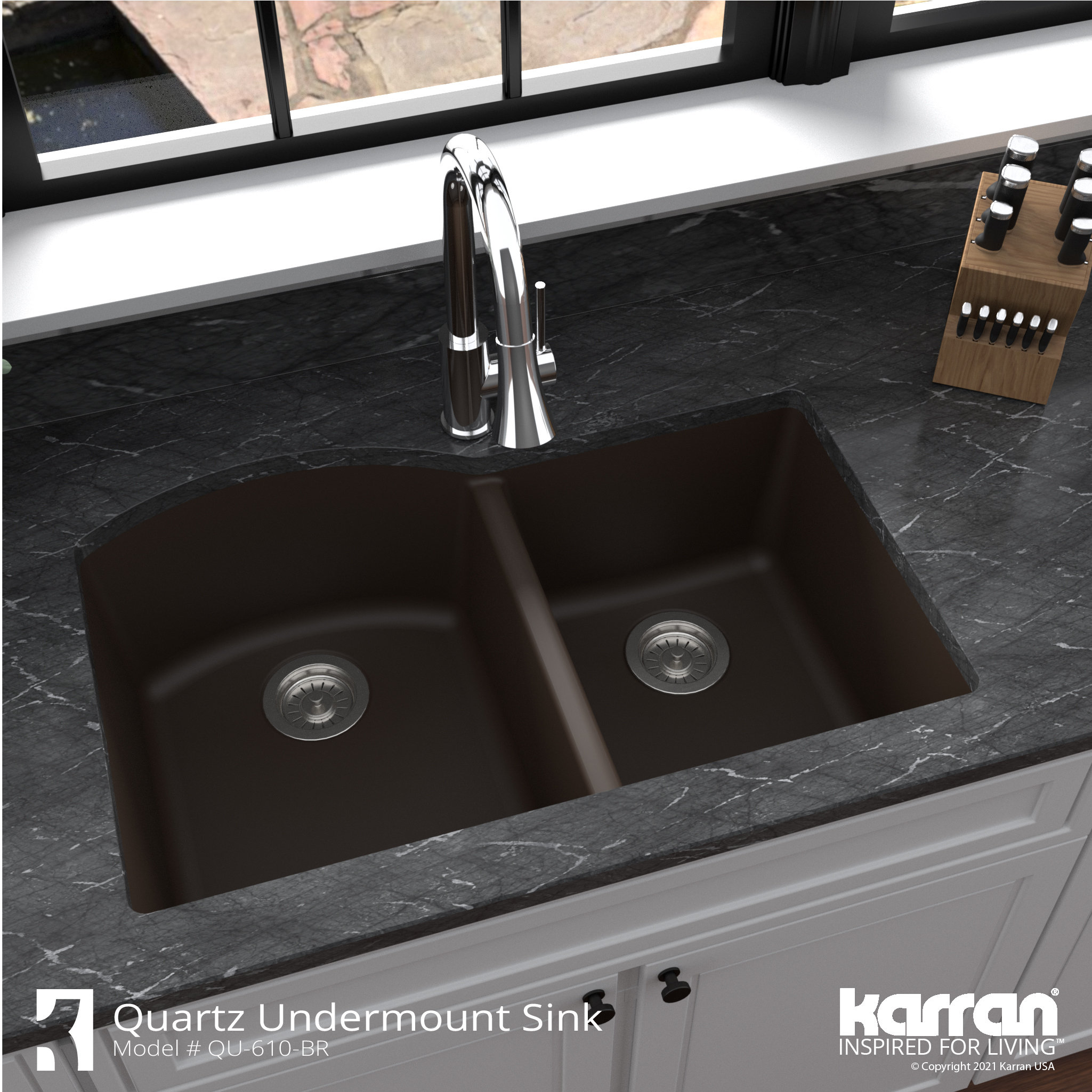 Karran Undermount Quartz 32" 60/40 Double Bowl Kitchen Sink, Brown