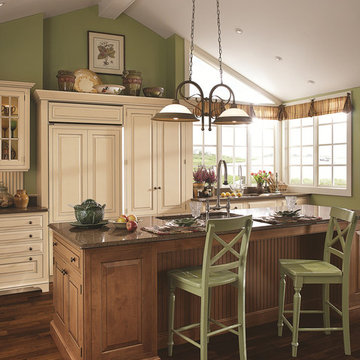 Antique White Built-in Refrigerator & Espresso Glaze Kitchen Island