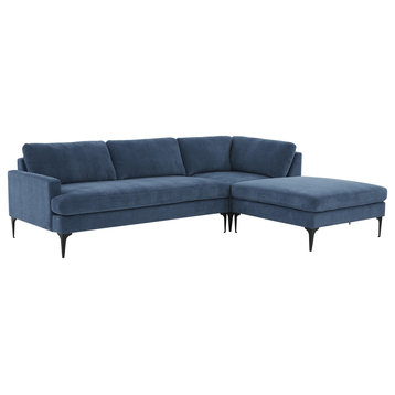 Serena Blue Velvet Right Arm Facing Chaise Sectional With Black Legs