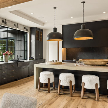 Weathered Antique Box Beams and White Oak Flooring in Rustic Modern Kitchen