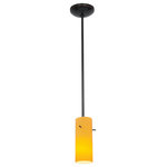 Access Lighting - Cylinder LED Rod Pendant, Amber, Oil-Rubbed Bronze - The Finish LED Pendant Light features a modern design with sleek forms and eye-catching colors. Pairing an oil rubbed bronze hanging rod with an amber cylindrical shade, this pendant light makes for a striking addition to a living room or stairway. Also included is a ceiling adapter, which allows for installation even on sloped ceilings.