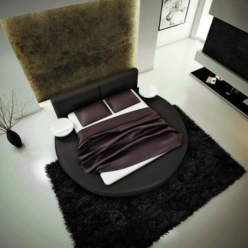 Modern Round Bed in Black Bonded Leather