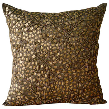 Brown Art Silk 16"x16" Sequins & Beaded Leaf Design Pillows Cover, Gold Leaves