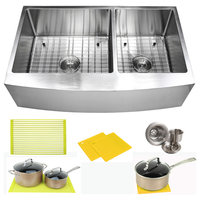 Ariel 36" Curved Front Apron Stainless Steel Double Bowl Kitchen Sink Package