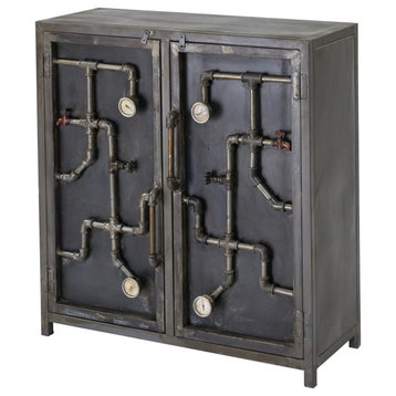 40" Black Industrial Steampunk Pipes and Gauges Slim Accent Cabinet