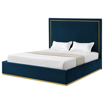 Inspired Home Marceline Bed Upholstered, Navy Velvet Queen
