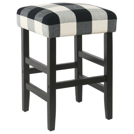 Benzara BM195161 Square Wood Counter Stool with Buffalo Plaid Fabric Seat, Black