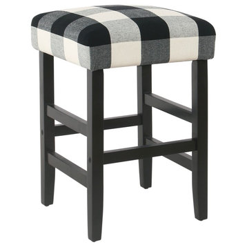 Benzara BM195161 Square Wood Counter Stool with Buffalo Plaid Fabric Seat, Black