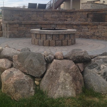 Belgian Block Seating Wall, Granite Boulder Retaining Wall, Paver Patio