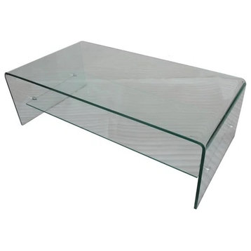 Modern Coffee Table, Glass Construction With Waterfall Legs & Open Shelf, Clear