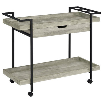 Pemberly Row Contemporary Wood Bar Cart with Shelf in Gray Driftwood and Black