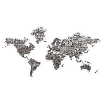 1-World Text Map Wall Mural, Black on White, Wallpaper, 3 panel, 107x57"
