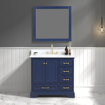 Bath Vanity, Marble Top, Blue, 36'' With Sink, Mirror
