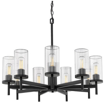 Winslett 9 Light Chandelier, Matte Black With Ribbed Clear Glass