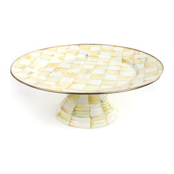 Parchment Check Enamel Pedestal Platter - Large | MacKenzie-Childs - Serving Dishes And Platters