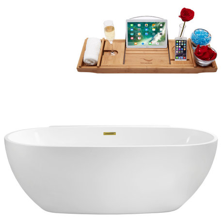 59" Streamline N300GLD Soaking Freestanding Tub and Tray With Internal Drain
