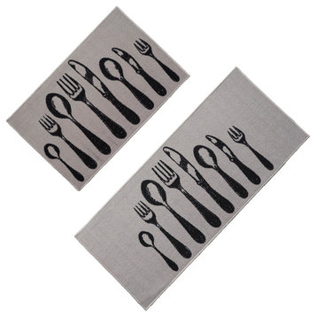 Wool-Effect Kitchen Mat With Chic Cutlery Print, Gray, Set of 2