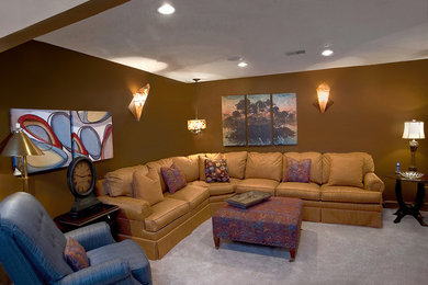 Mid-sized trendy open concept carpeted home theater photo in Detroit with brown walls and a wall-mounted tv