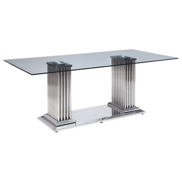 Rectangular Dining Table, Stainless Steel Double Pedestal Base & Clear Glass Top